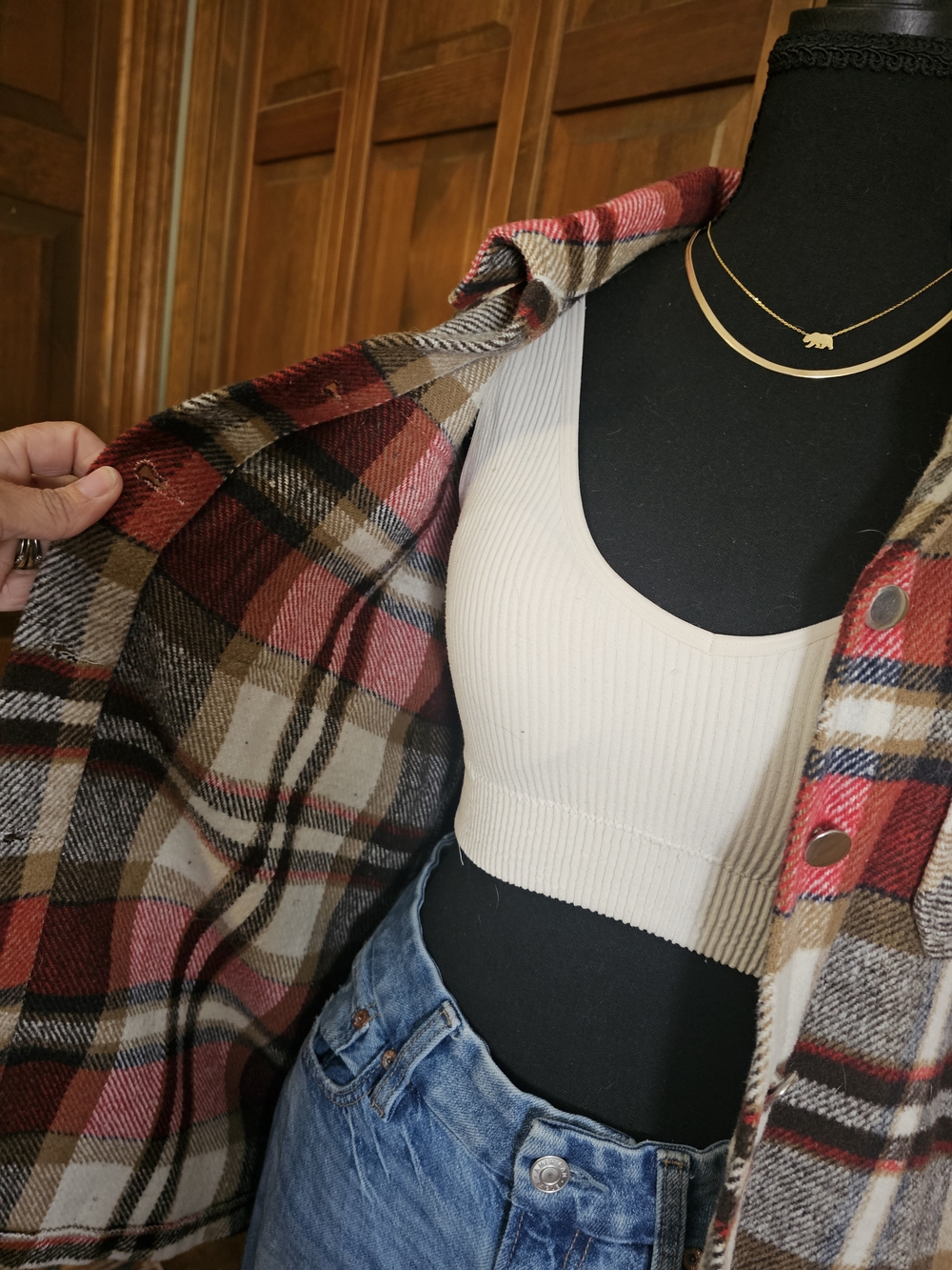 Red Cream Plaid Button-Up Shacket - Picture 4 of 4